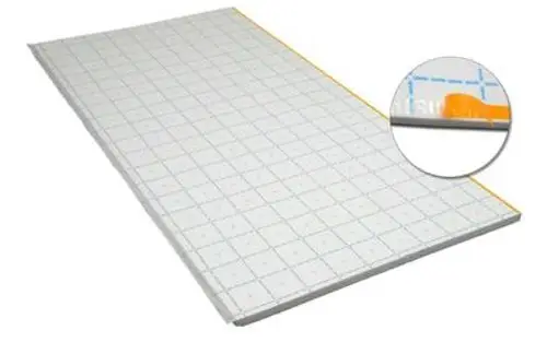 Schneideplatte mit Rasteraufdruck und farbigem Rand, geeignet für Heiz- und Kühlsysteme.