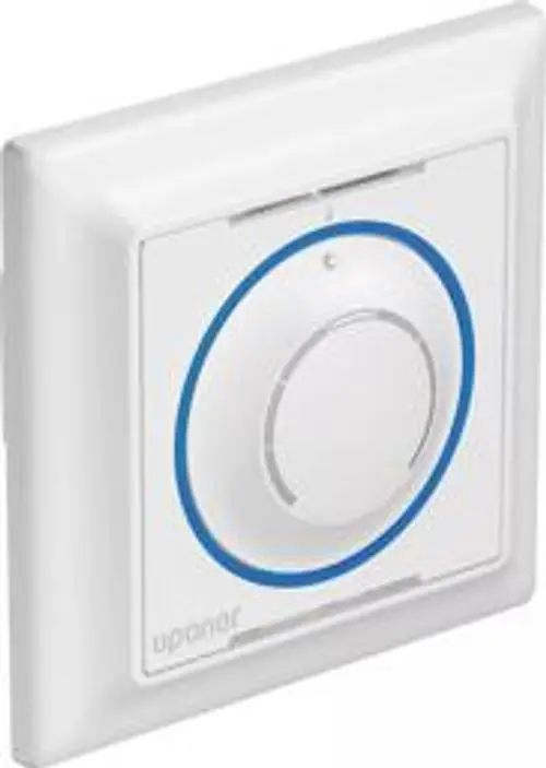 Weißer Wandthermostat mit einem runden Regler und blauer Umrandung, geeignet für die Regelung von Flächenheizung und -kühlungssystemen.