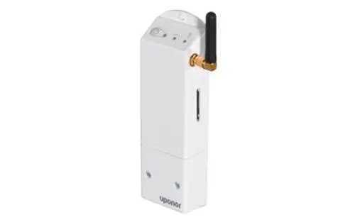 Weißes Gerät mit Antenne und Knöpfen, vermutlich ein Raumtemperaturregler für Flächenheizungs- und Kühlungssysteme.