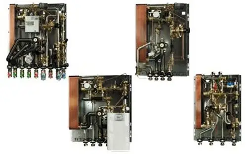Verschiedene Modelle von Uponor-Port Installationssystemen, die Rohrleitungen, Ventile und Zubehoer für Heizungs- und Wasserversorgungssysteme zeigen.