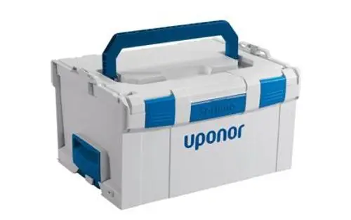 Weißer Werkzeugkasten mit blauem Griff und Aufschrift "uponor", ideal für die Aufbewahrung von Werkzeugen und Zubehoer.
