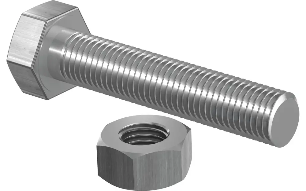 Schraube und Mutter aus Metall mit geriffeltem Gewinde. Geeignet für verschiedene Anwendungen. Produkt von Uponor.