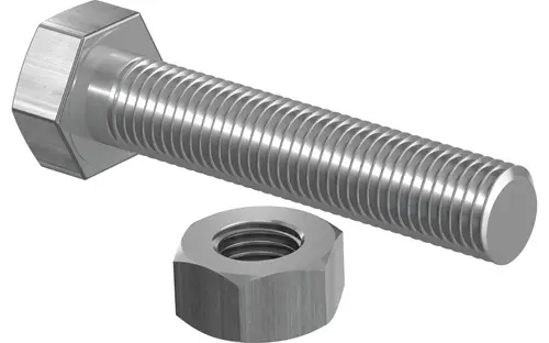 Schraube und Mutter aus Metall mit geriffeltem Gewinde. Geeignet für verschiedene Anwendungen. Produkt von Uponor.