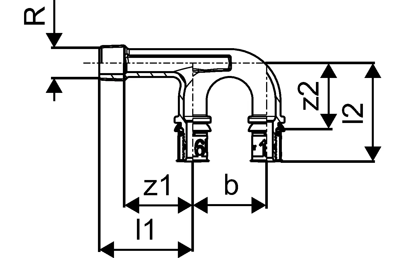 Schematische Darstellung eines U-Armaturenanschlusses von Uponor mit verschiedenen Maßangaben und einer strukturierten Ansicht zur Veranschaulichung der Bauteile.