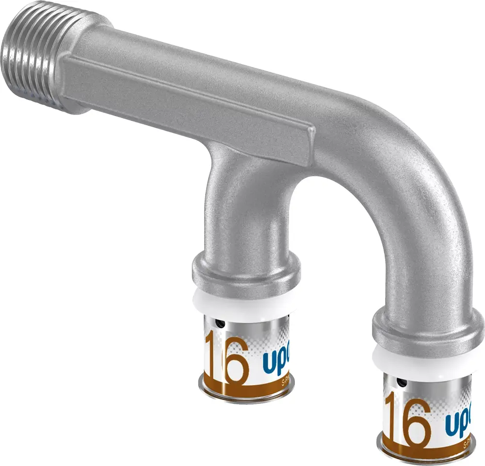 Uponor Anschluss mit zwei Auslässen und Innengewinde, geeignet für Rohrsysteme. Gezeichnet in einer silbernen Oberfläche, ausgeführt als gebogenes Verbindungselement.