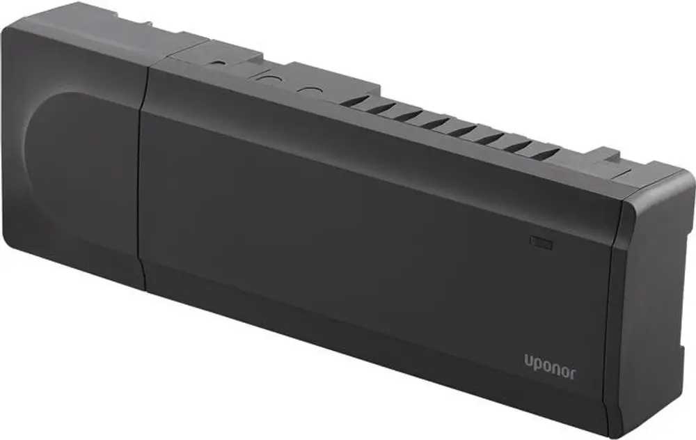 Regler von Uponor in schwarzer Ausführung, mit mehreren Lüftungsschlitzen und einem schlichten Design. Gehäuse bietet Zugang zu Steuerungsfunktionen.