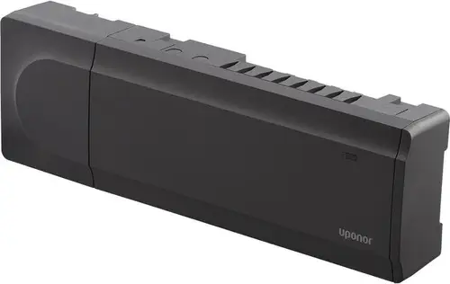 Regler von Uponor in schwarzer Ausführung, mit mehreren Lüftungsschlitzen und einem schlichten Design. Gehäuse bietet Zugang zu Steuerungsfunktionen.