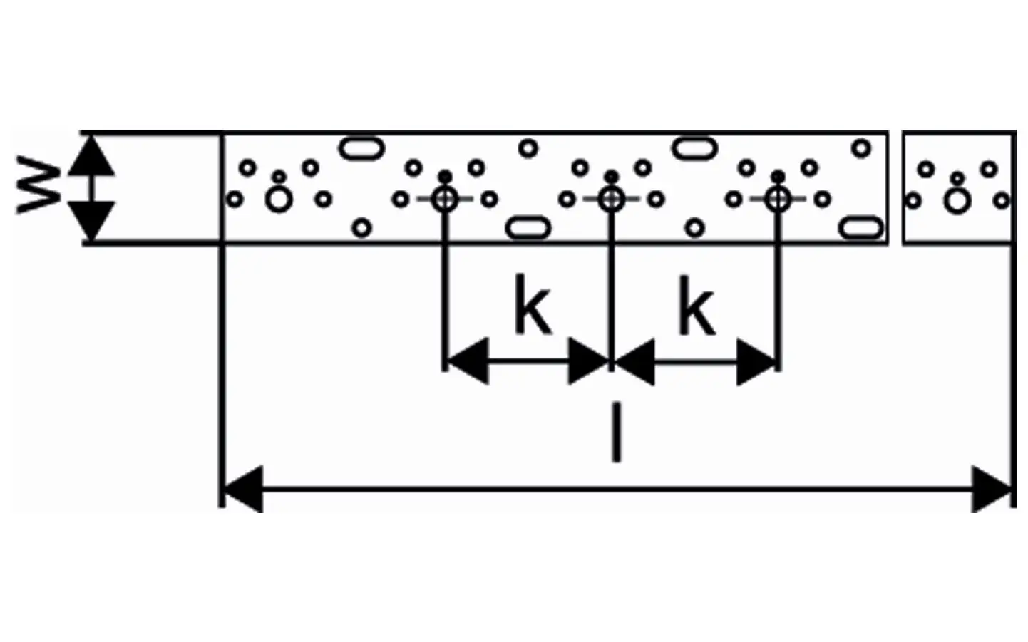 Montageschiene mit Löchern zur Befestigung, durch die Verwendung von Uponor-Produkten optimiert. Schema mit horizontalem Layout und Distanz zwischen den Löchern darstellt.