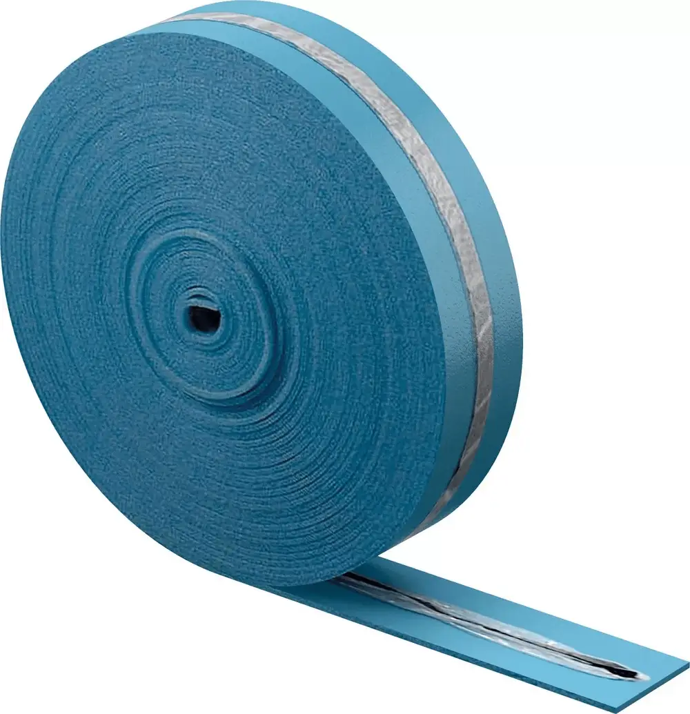 Klebender Dämmstreifen auf einer Rolle in blauer Farbe, präsentiert von der Marke Uponor, zur Verwendung in Bauanwendungen zur Schall- und Wärmeisolierung.