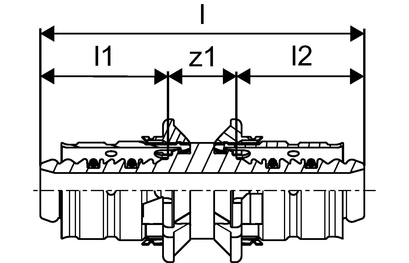Blick auf eine Press-Kupplung von Uponor, mit schematischer Darstellung der Maße und Konstruktionselemente, inklusive z1 und Längen I1 und I2.