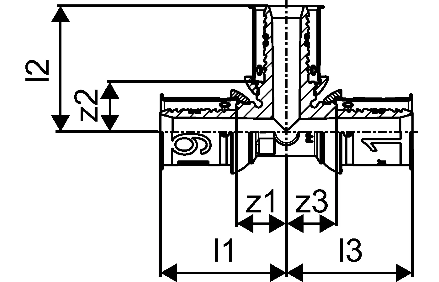 T-Stück aus PPSU von Uponor in einer schematischen Darstellung, mit sichtbaren Anschlüssen und Abmessungen für die Installation im Rohrsystem.