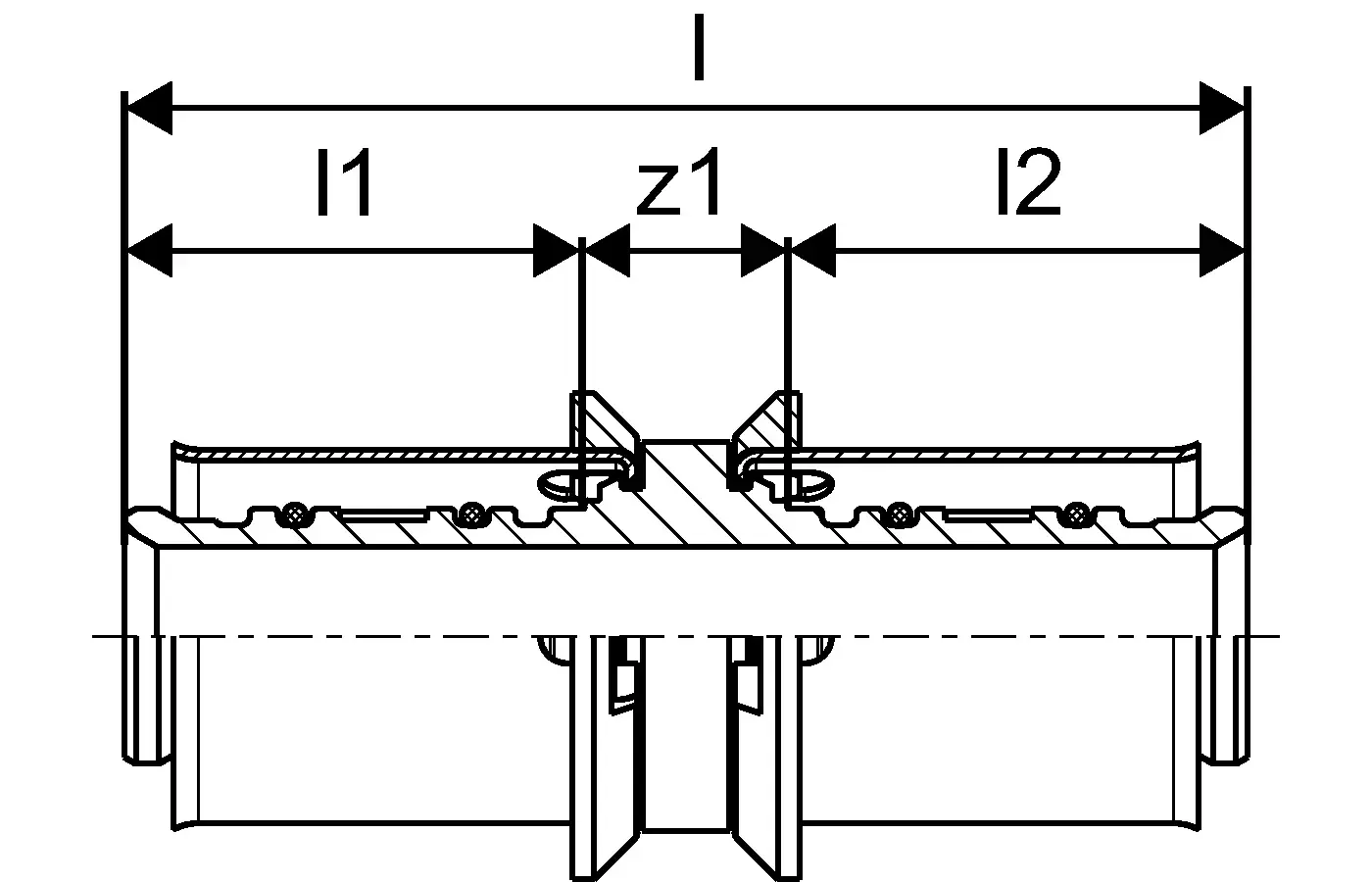 Schematische Darstellung einer Smart Presskupplung von Uponor mit zwei Anschlussseiten, gekennzeichnet durch Maße und Details zur Montage.