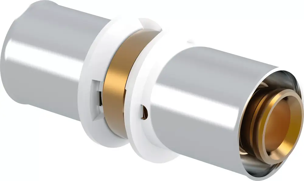 Smart Presskupplung von Uponor mit einem runden, silbernen Design und einem weißen Kunststoffelement. Geeignet für Rohrverbindungen in Heizungs- oder Sanitäranlagen.