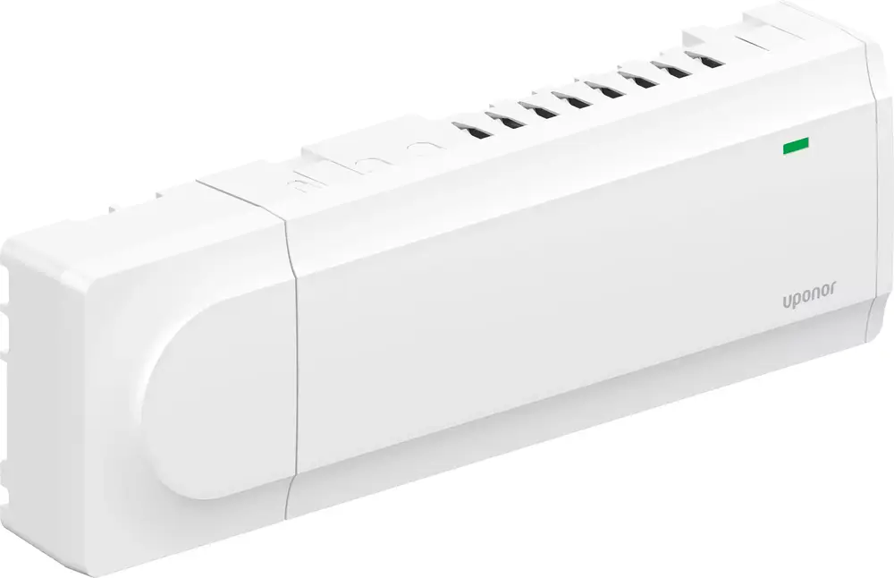 Weißes Regelmodul von Uponor mit mehreren Anschlussmöglichkeiten. Kompaktes Design zur Temperaturregelung in Heizsystemen.