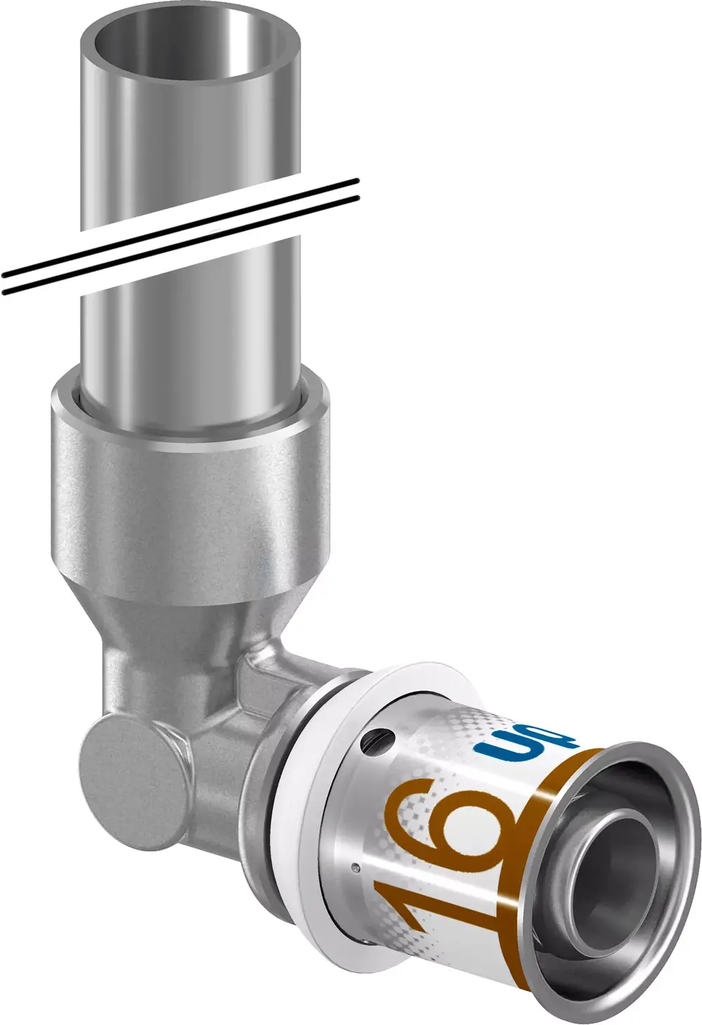 S-Press PLUS HK-Anschlusswinkel von Uponor, mit metallischer Oberfläche und einem gebogenen Ende zur Verbindung von Rohrleitungen.
