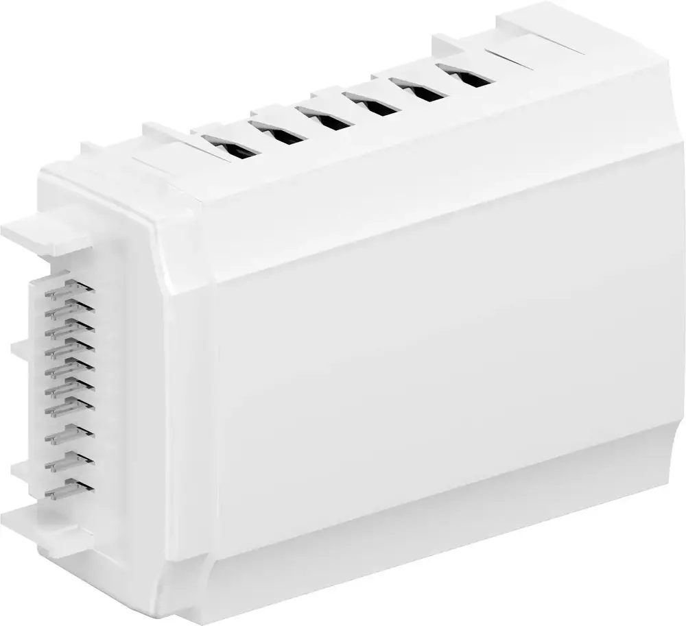 Weißes elektrisches Modul von Uponor mit mehreren Anschlussklemmen auf einer Seite und einer geraden Struktur. Ideal für die Installation in Heizsystemen.