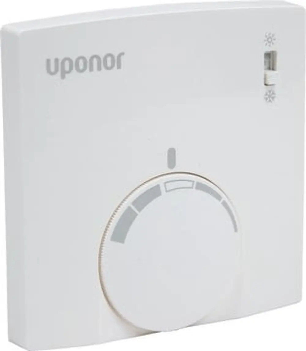 Weißer Raumfühler von Uponor mit Drehregler und Anzeige. Einfaches Design, geeignet für die Steuerung von Heizungs- oder Kühlsystemen.