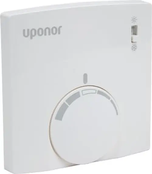Weißer Raumfühler von Uponor mit Drehregler und Anzeige. Einfaches Design, geeignet für die Steuerung von Heizungs- oder Kühlsystemen.