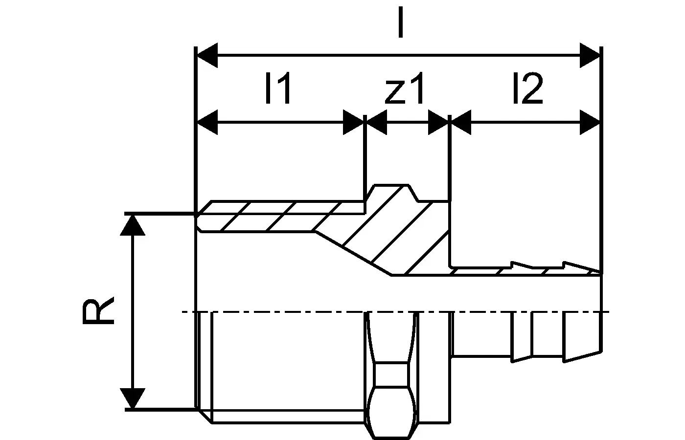 Technisches Bauteil mit verschiedenen Längen und Durchmessern, das als Übergangsnippel dient. Produkt von Uponor mit Detailzeichnungen zur Montage.