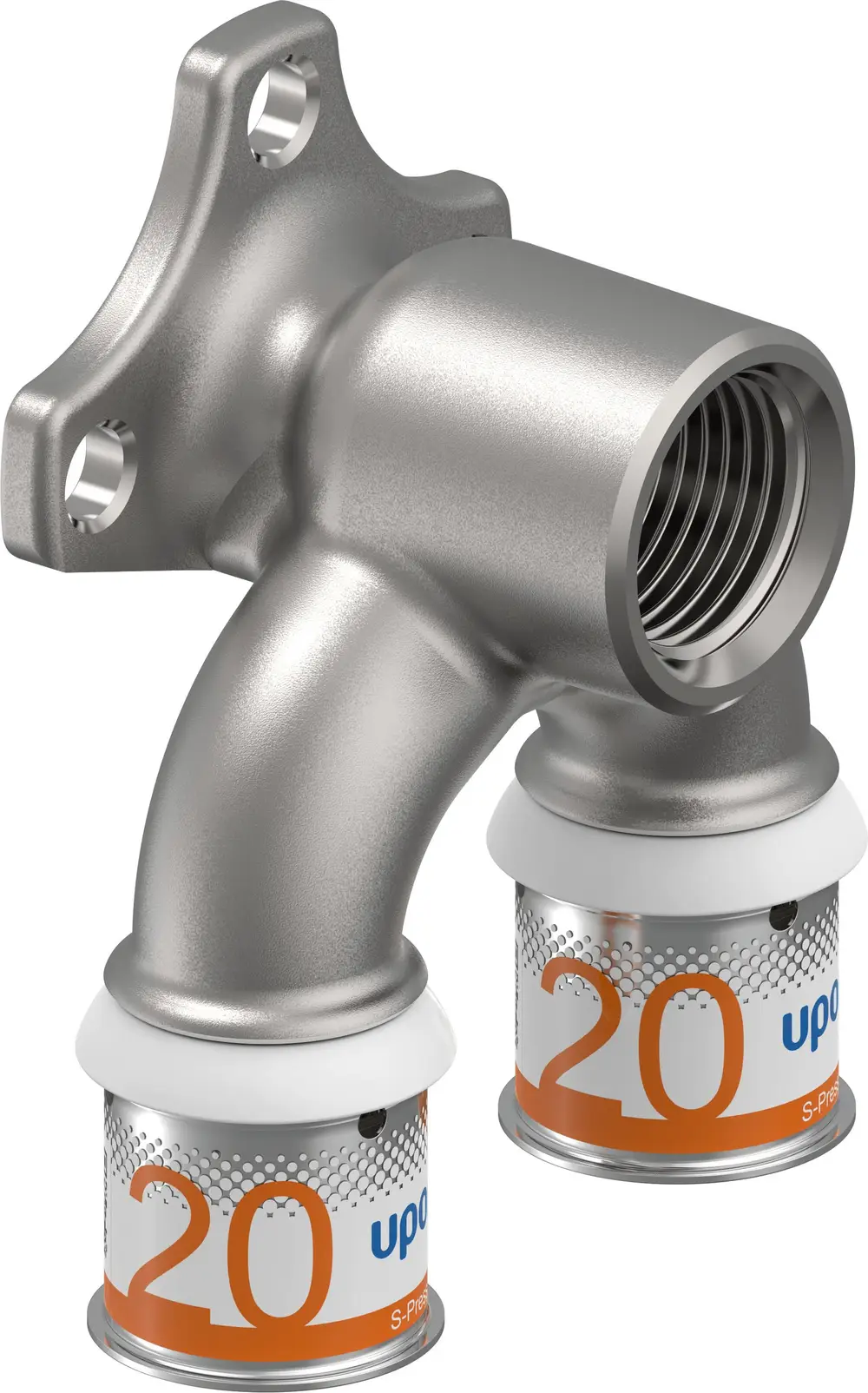 Sichtbare Uponor Verbindungselemente mit einer Bronzefinish-Oberfläche, die zwei Anschlussstellen für Rohrleitungen bieten.