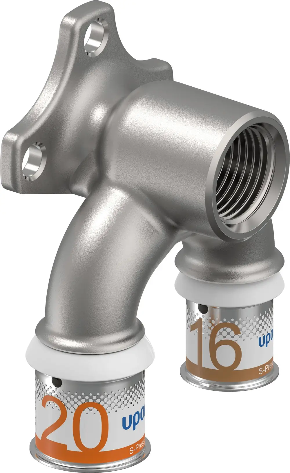 Uponor S-Press PLUS U-Wandscheibe mit zwei Anschlüssen. Ein Anschluss mit Gewinde, der andere mit einem Ring für eine sichere Verbindung.