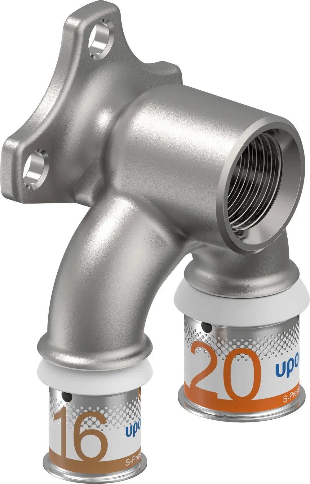 Uponor S-Press Verbindungselement mit zwei Anschlüssen, einem Gewinde und einem Wandanschluss. Alle Teile sind aus grauem Metall gefertigt.