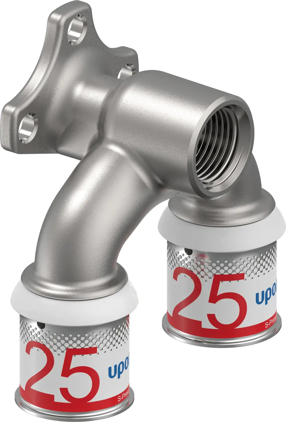 Uponor Rohrleitung mit zwei Anschlüssen, die eine gebogene Form aufweist. Das Material erscheint metallisch und hat eine kompatible Verbindung für Rohrsysteme.
