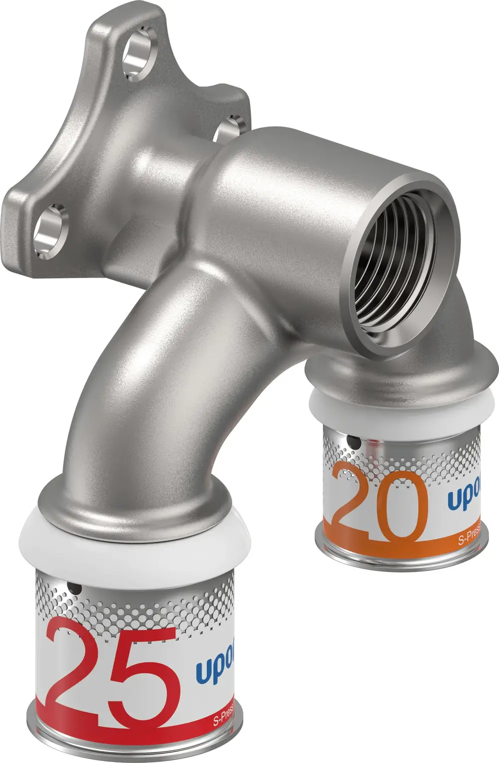 Uponor Rohrverbindung, bestehend aus einem gebogenen Teil mit Gewindeanschlüssen und zwei darunterliegenden Komponenten, die verschiedene Durchmesser anzeigen.