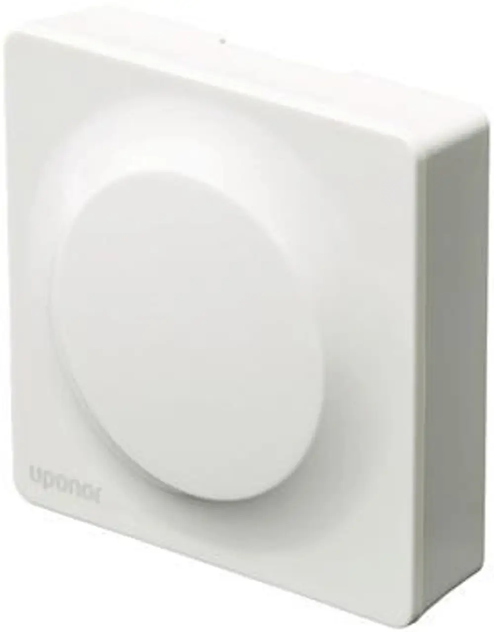 Weißer quadratischer Raumfühler von Uponor mit runder Vorderseite, für die Wandmontage geeignet. Schlichtes Design, geeignet für moderne Raumgestaltung.