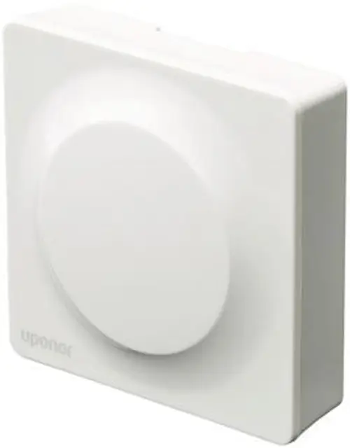 Weißer quadratischer Raumfühler von Uponor mit runder Vorderseite, für die Wandmontage geeignet. Schlichtes Design, geeignet für moderne Raumgestaltung.