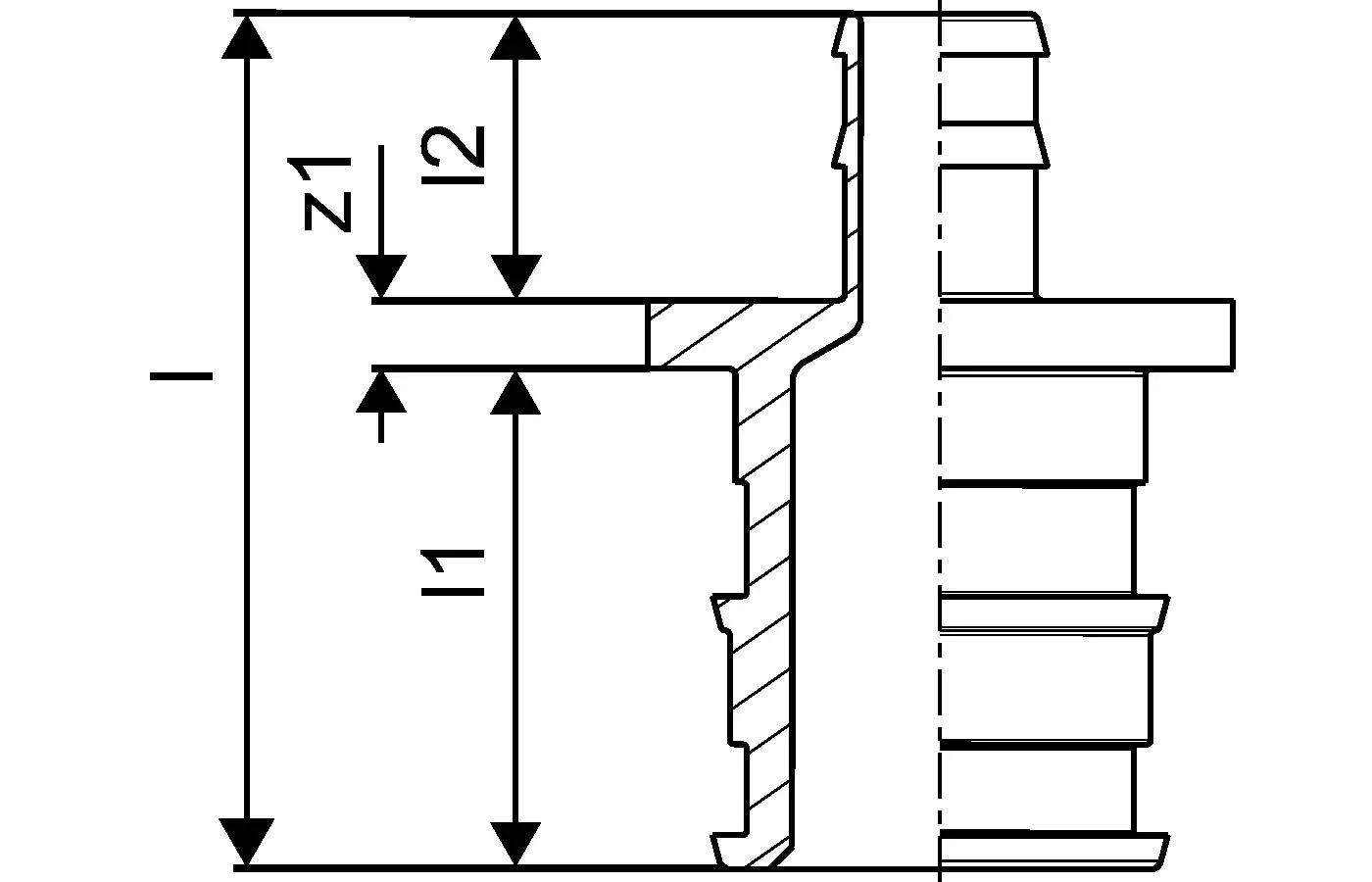 Minitec-Kupplung in schematischer Darstellung mit Maßangaben. Sichtbare geometrische Merkmale und Montageanleitung für Uponor Produkte.