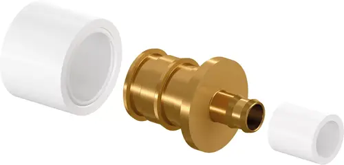 Kupplungsteil aus Messing mit zwei weißen PVC-Gehäusen, hergestellt von Uponor. Die Verbindungselemente sind für Sanitärinstallationen geeignet.