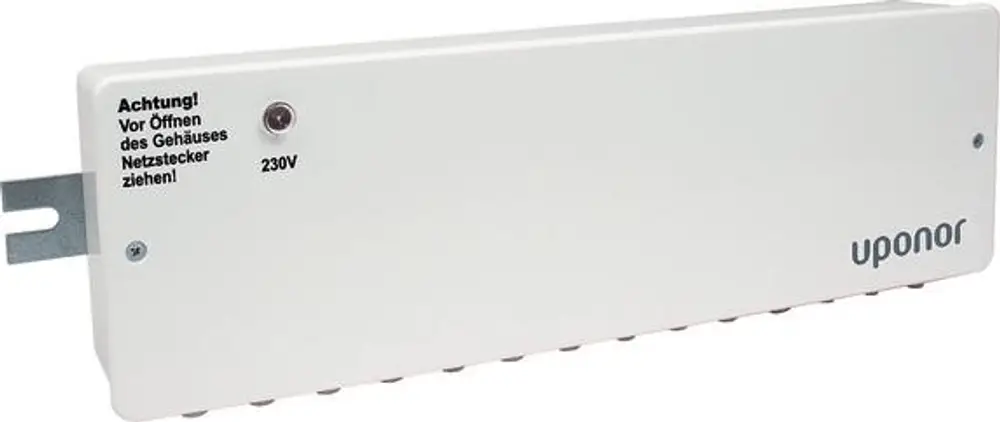 Weißes Regelmodul von Uponor mit Statusanzeige, Netzanschluss 230V und Sicherheitsanweisung für das Öffnen des Gehäuses.