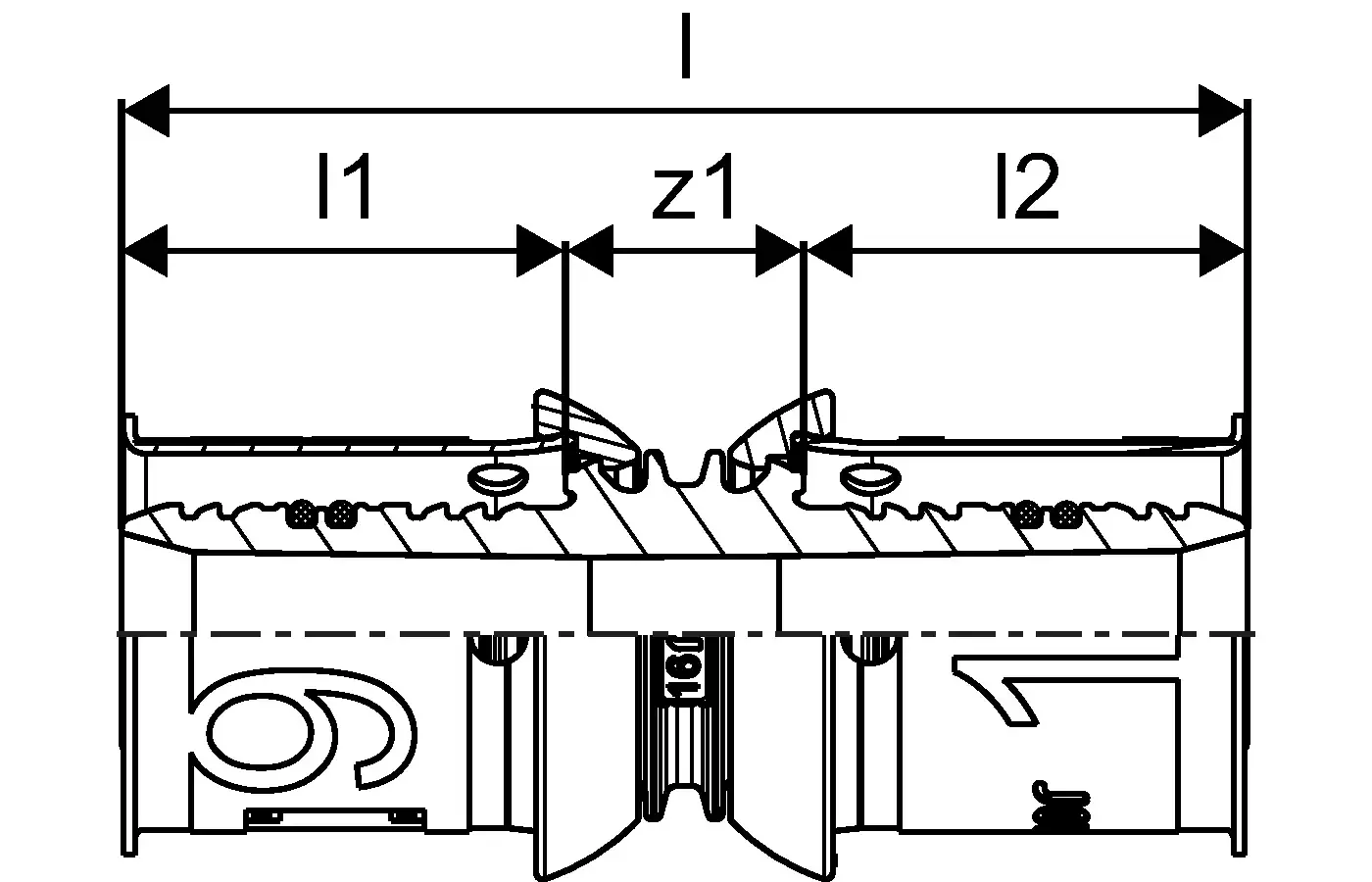 Schematische Darstellung einer Kupplung mit klaren Maßen, die Teile zur Verbindung anzeigt; Produkt stammt von Uponor.