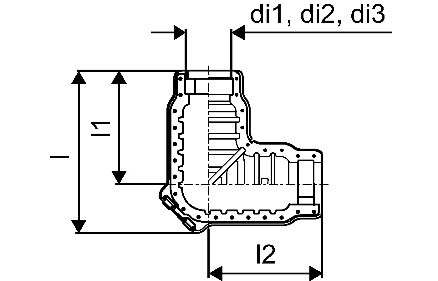 Diagramm eines Ecoflex-Eckisolierstücks mit verschiedenen Durchmessern und Dimensionen. Produkt von Uponor, dargestellt in technischer Zeichnung.