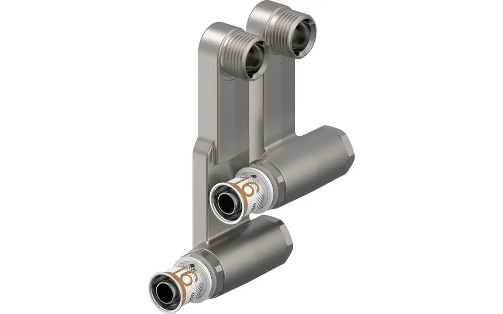 S-Press PLUS SL-Anschlussgarnitur mit zwei anschraubbaren Ausgängen. Produkt von Uponor zur Verbindung von Rohrsystemen. Metallische Oberfläche, funktionales Design.