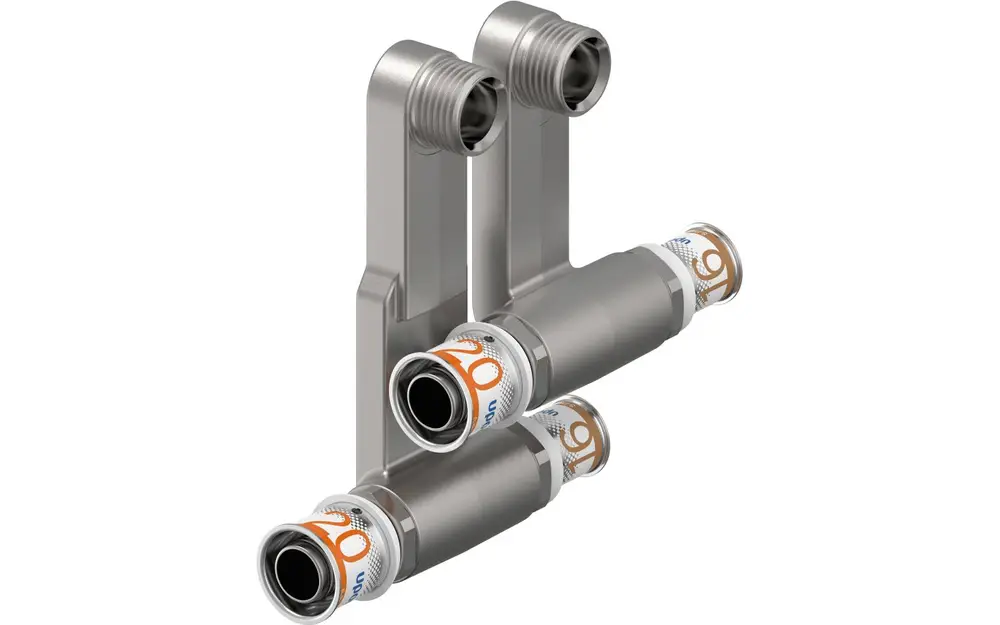 Zwei Uponor S-Press PLUS Anschlüsse mit Schraubgewinde, übereinander angeordnet, für eine flexible Verbindung im Rohrleitungssystem.