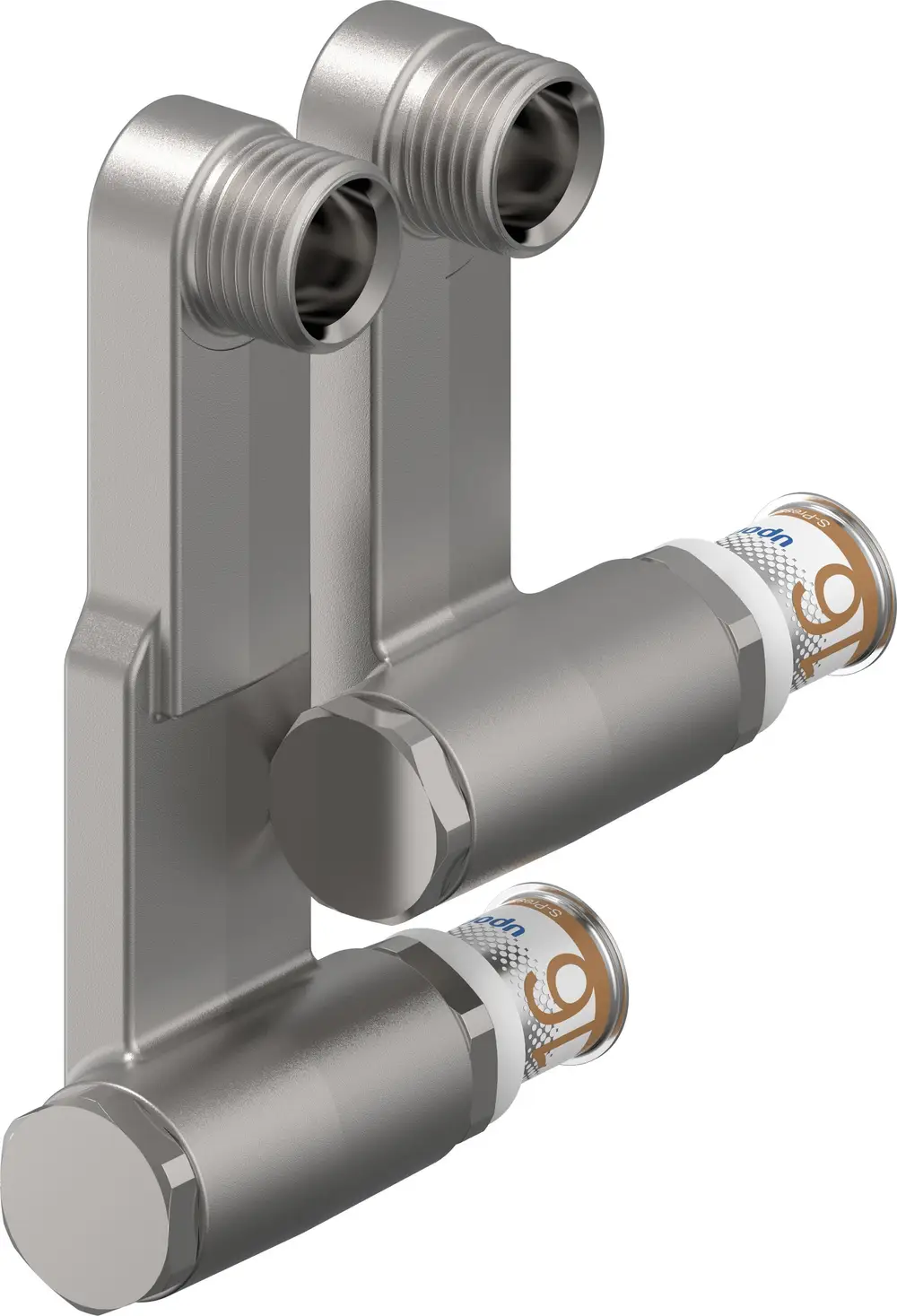 Zwei metallische Anschlussstücke mit Gewinde von Uponor, miteinander verbunden, zur Anwendung im Rohrleitungssystem.