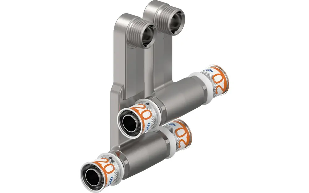 Zusammenstellung einer Verschraubung mit mehreren Anschlüssen. Das Produkt gehört zur Marke Uponor und ist in einem silbernen, metallischen Finish gehalten.
