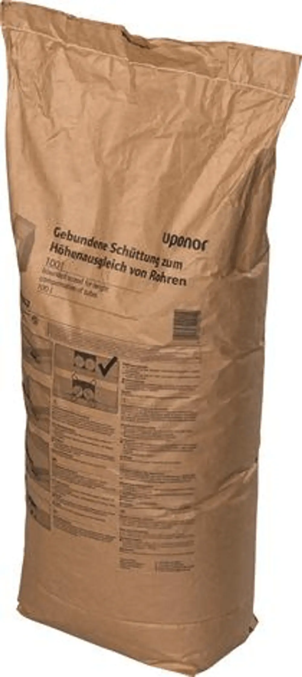Braun säckenförmige Verpackung mit Beschriftung und Anweisungen von Uponor zur Anwendung von gebundener Schüttung.