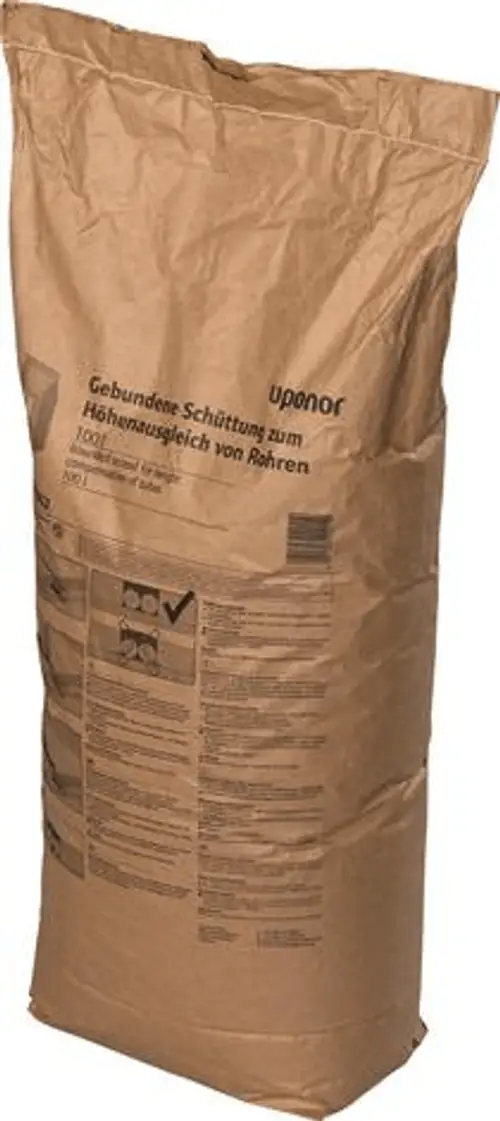 Braun säckenförmige Verpackung mit Beschriftung und Anweisungen von Uponor zur Anwendung von gebundener Schüttung.