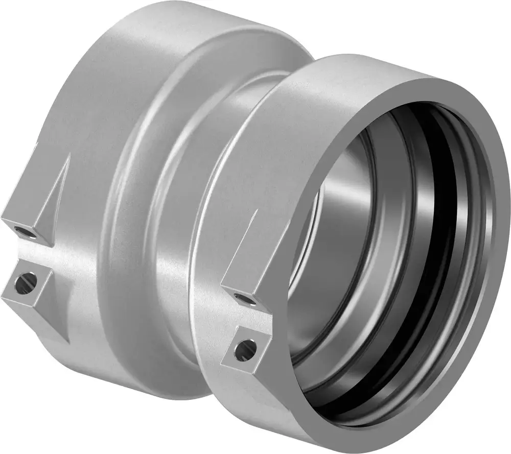 Metallische Kupplung von Uponor mit zwei offenen Enden und einer glatten Innenfläche. Die Struktur zeigt zwei seitliche Befestigungslöcher.