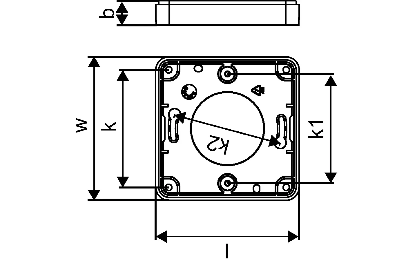 Aufputz-Wandrahmen mit quadratischer Form und Aussparungen für Montage, produziert von Uponor. Technische Zeichnung mit Maßangaben und Detailansichten.