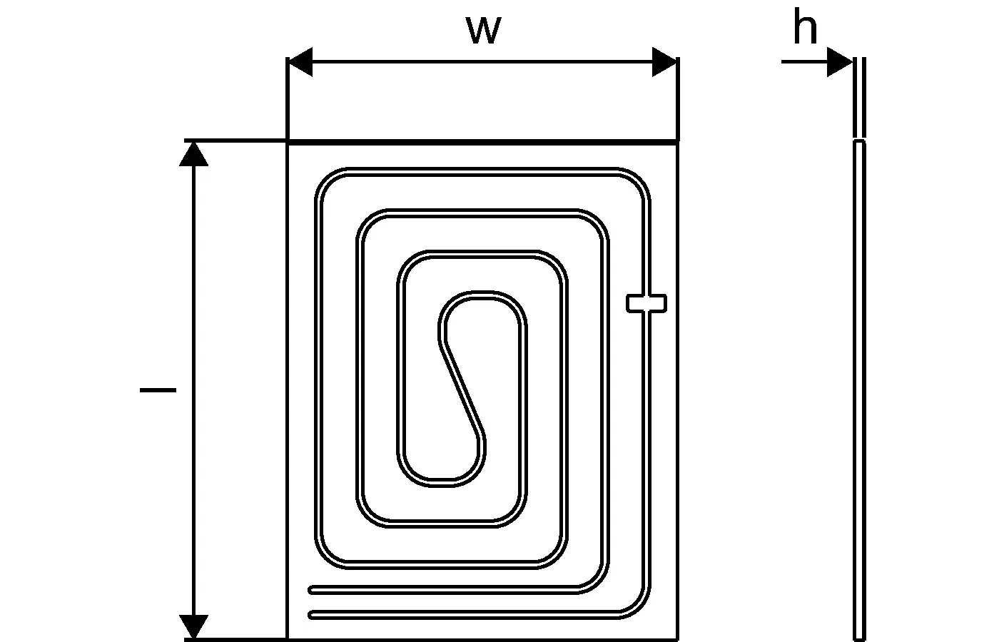 Geometrices Rohrnetz mit gewundenen Linien, möglicherweise für Wärmeverteilung, in einem rechteckigen Rahmen. Markierung im Zentrum, geeignet für Systeme von Uponor.