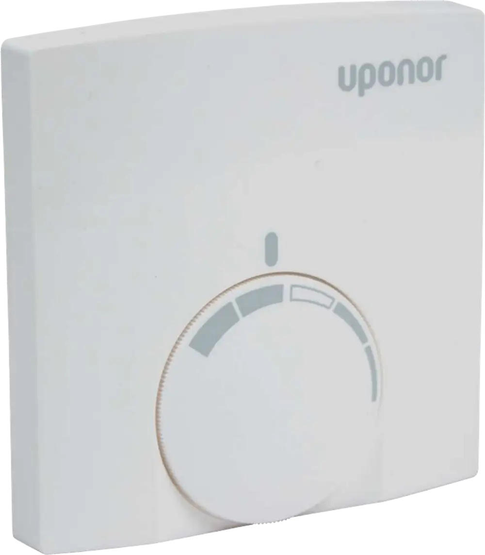 Weißer Raumfühler von Uponor mit einem Drehknopf zur Temperatureinstellung und einer Anzeige, montiert auf einer glatten Oberfläche.