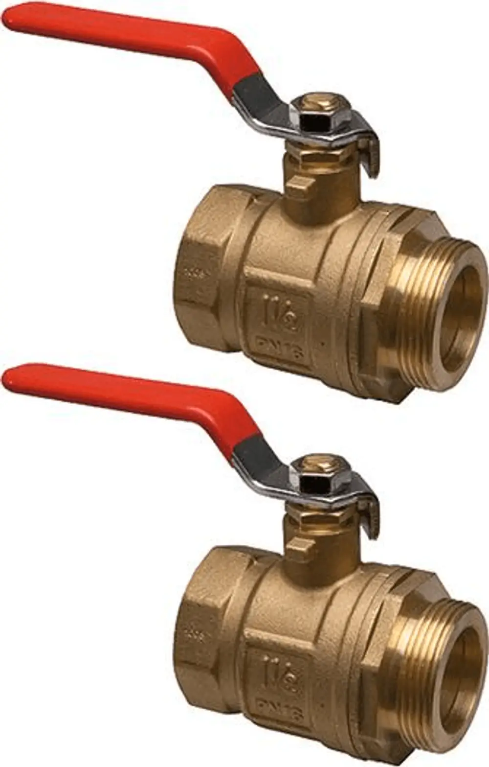 Zwei Kugelhähne mit rotem Hebel und Gewindeanschluss. Brass-Ausführung, geeignet für Anwendungen von Uponor im Bereich Rohren und Verteilungssystemen.