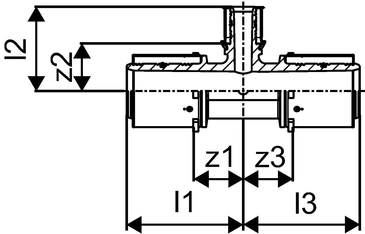 Schematische Darstellung eines T-Stücks aus PPSU von Uponor, reduziert, mit klar definierten Abmessungen und Anschlussdetails.