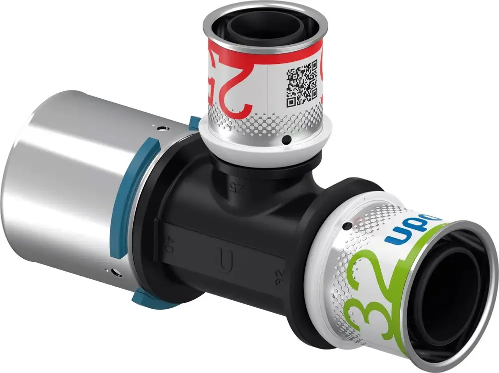Uponor T-Stück aus PPSU mit drei Anschlüssen, zwei in schwarzem Material und einem metallischen Ansatz. Das Produkt ist für Heizungs- und Sanitärinstallationen geeignet.