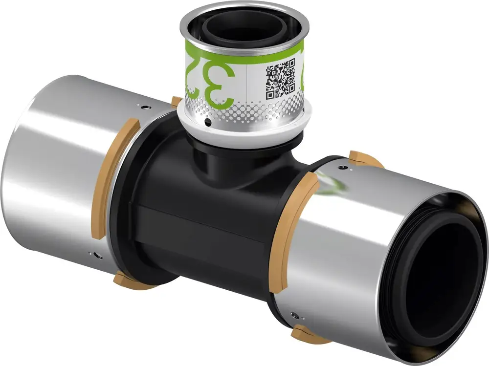 T-Stück von Uponor mit zwei Metallanschlüssen und einem schwarzen Mittelteil, geeignet für Rohrsysteme.