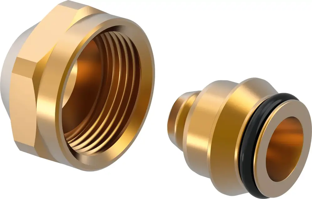 Vario Klemmringverschraubung von Uponor, bestehend aus einem männlichen Gewindeanschluss und einem verbundenen Element mit Dichtungsring. Geeignet für PEX-Rohre.
